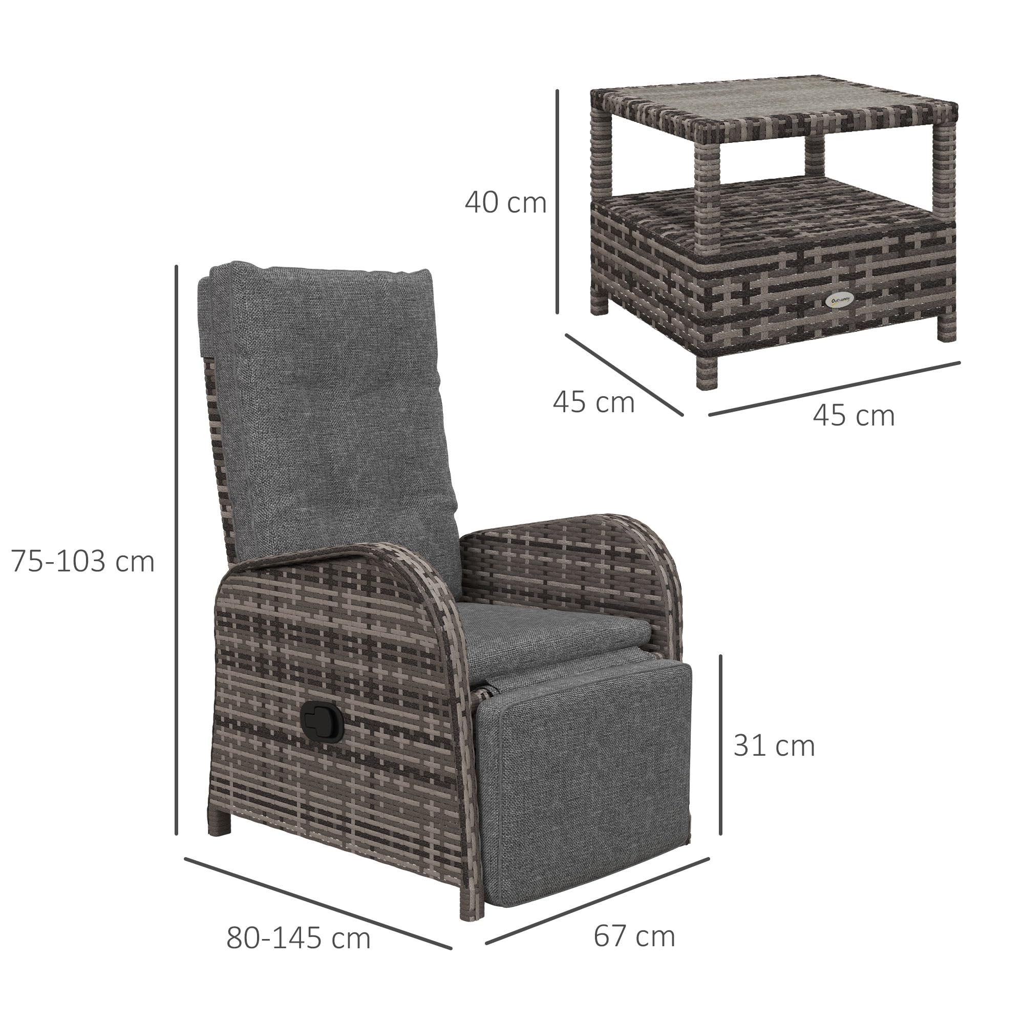 3 Piece Rattan Garden Bistro Set with Reclining Chairs & Coffee Table