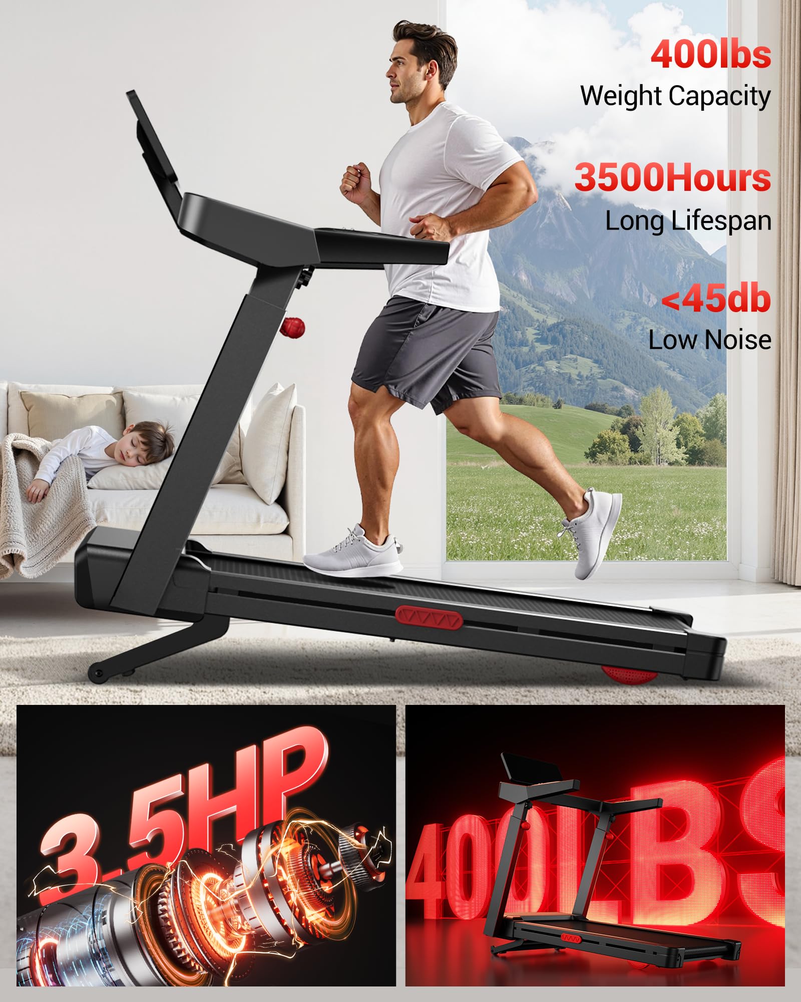 Heavy Duty Folding Treadmill with 20% Auto Incline & LED Touch Display