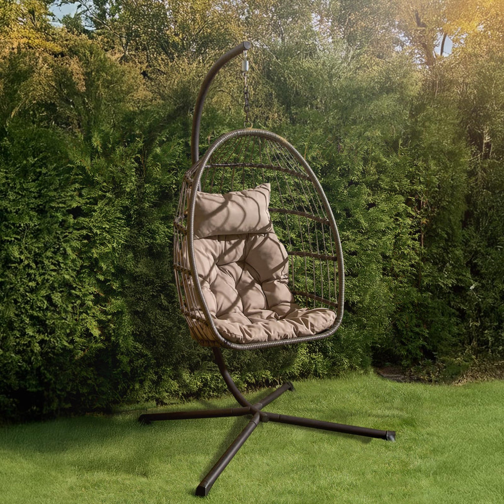 Hanging Egg Chair with Stand, Cushion & Foldable Rattan Basket