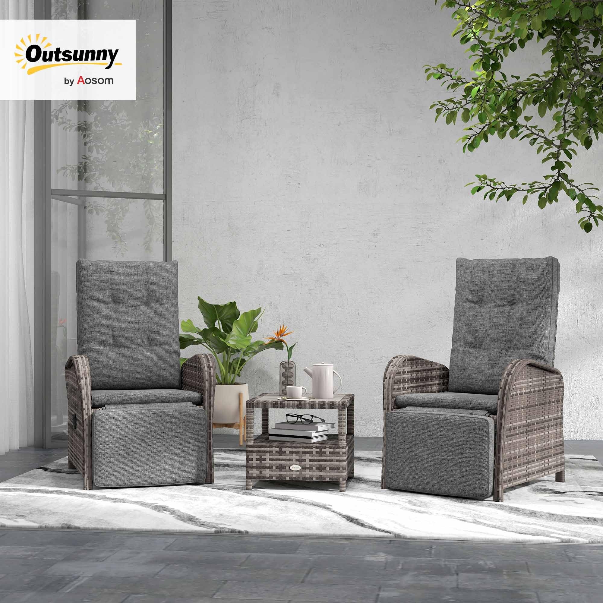 3 Piece Rattan Garden Bistro Set with Reclining Chairs & Coffee Table
