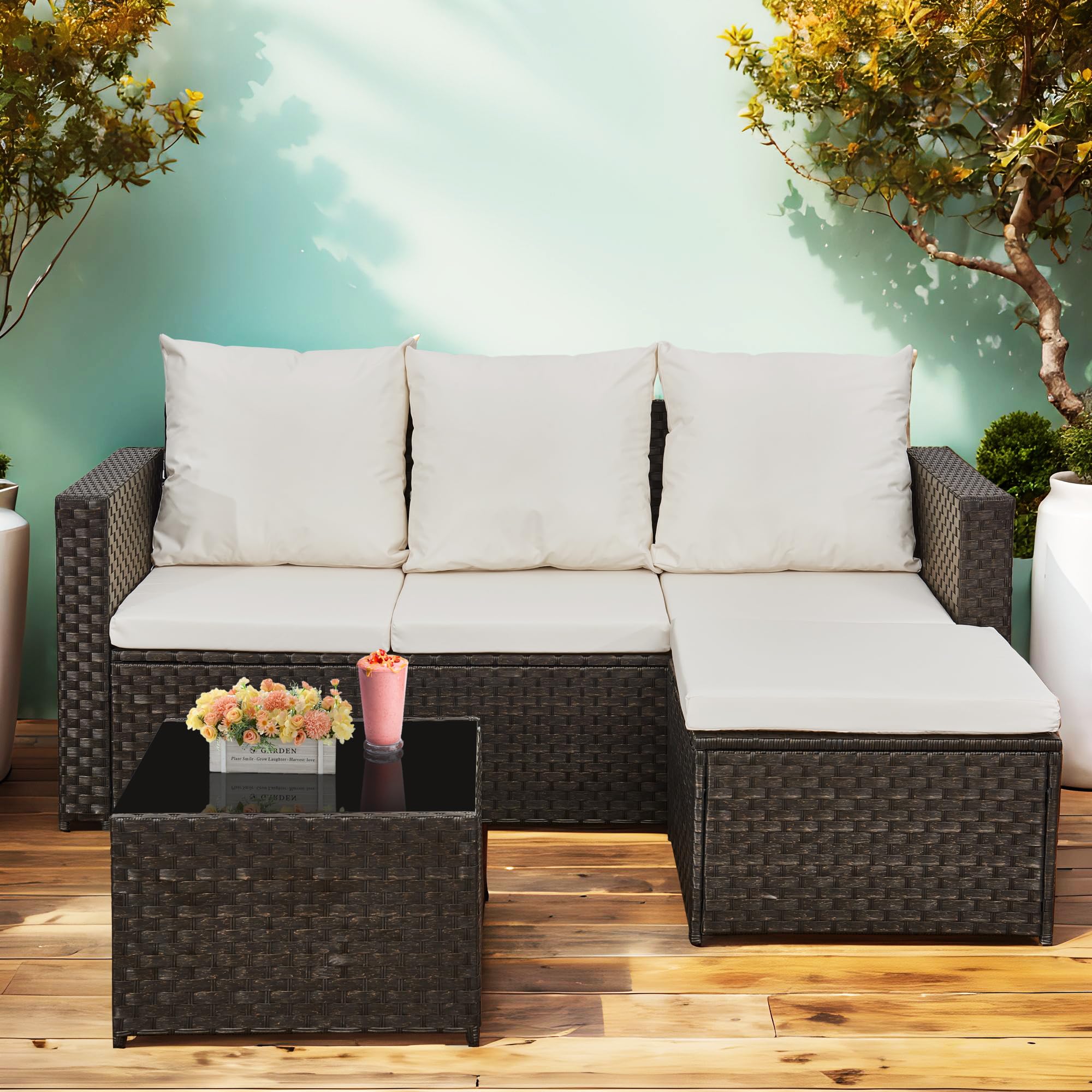 3 Piece Rattan Corner Sofa Set with Coffee Table & Cushions
