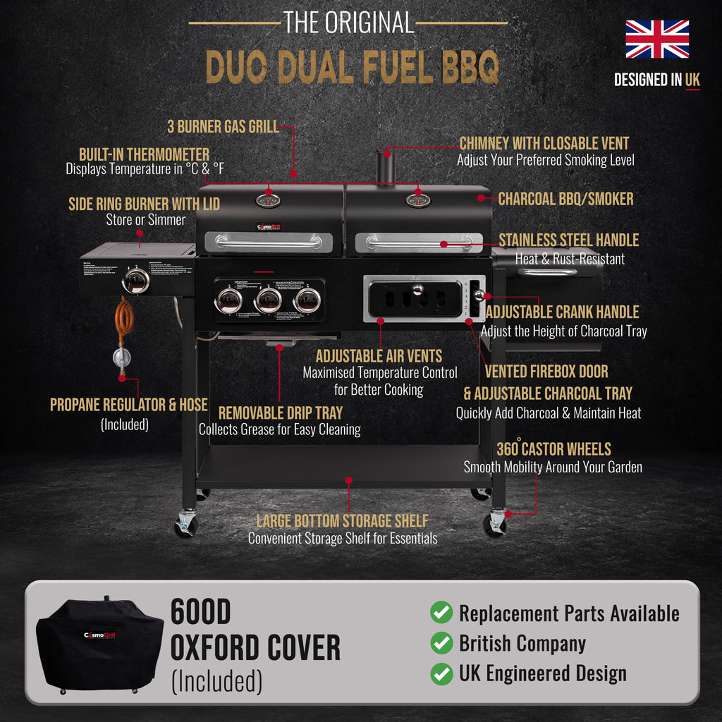 Hybrid Gas & Charcoal BBQ Grill with Smoker, Side Burner & Protective Cover