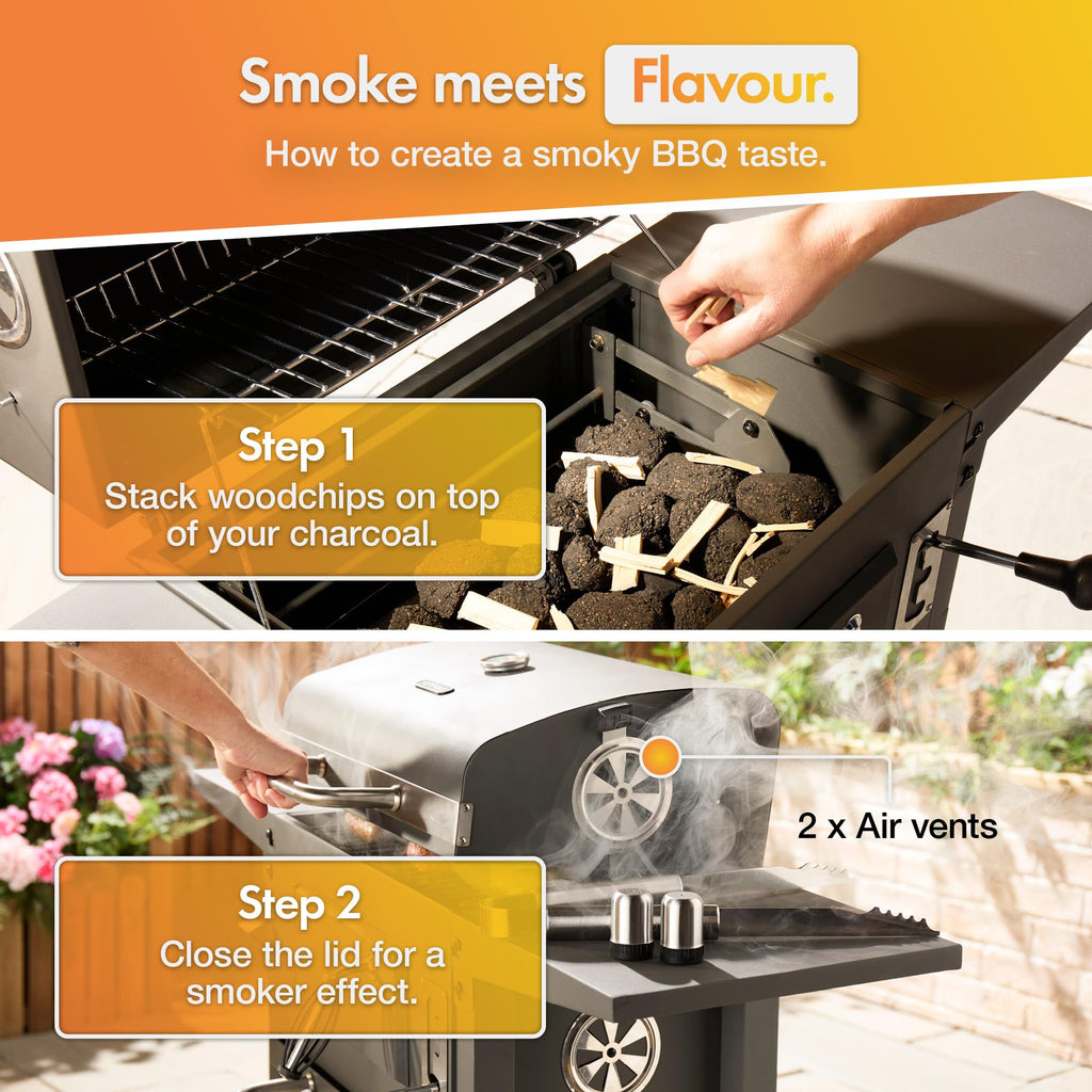 Charcoal BBQ Grill & Smoker with Temperature Gauge, Side Shelves & Storage Rack