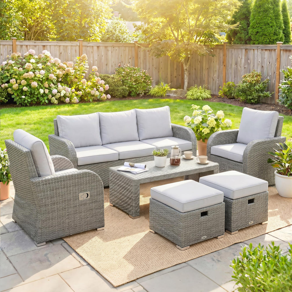 7 Seater Rattan Garden Furniture Set with Reclining Chairs, Footstools & Coffee Table
