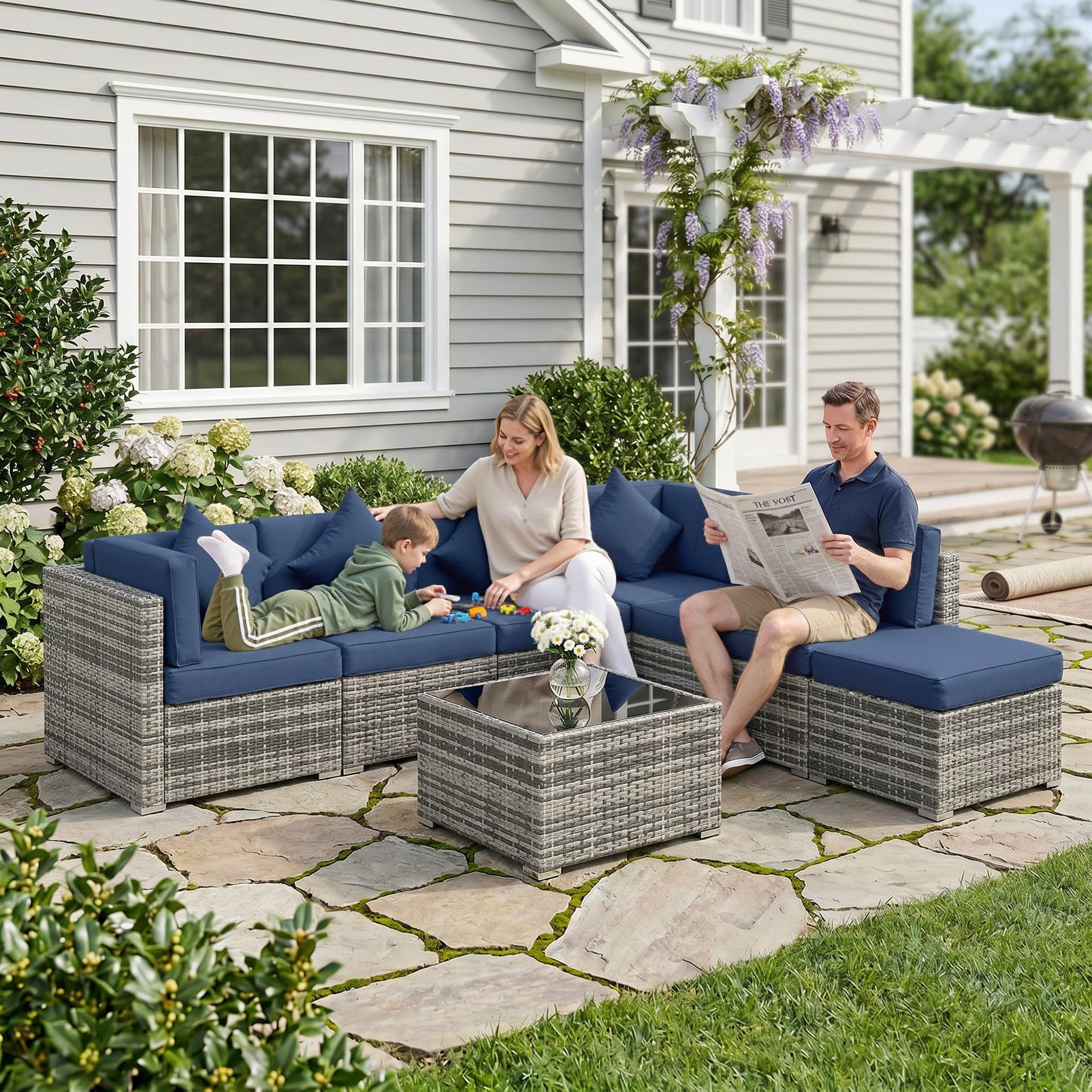 8 Piece Rattan Corner Sofa Set with Cushions & Glass Coffee Table