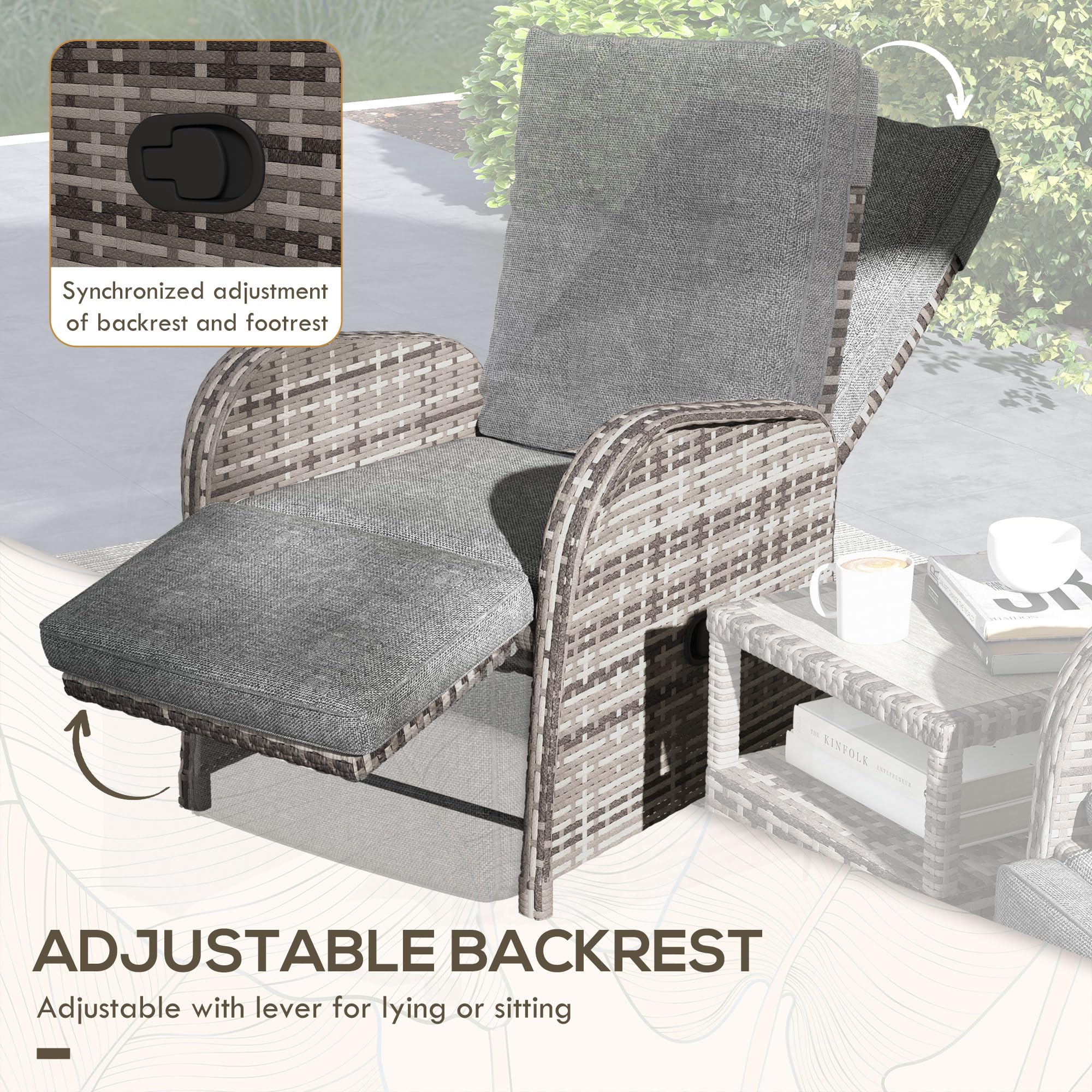 3 Piece Rattan Garden Bistro Set with Reclining Chairs & Coffee Table