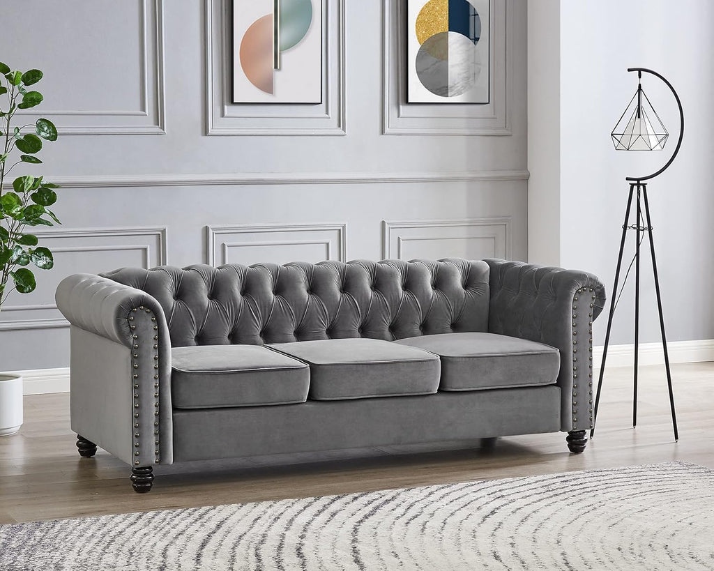 Home Detail Chesterfield Sofa Velvet Upholstered Couch in 2 Seater or 3 Seater Fabric Sofa in Grey, Blue, Black, Green, Gold (3 Seater, Grey)