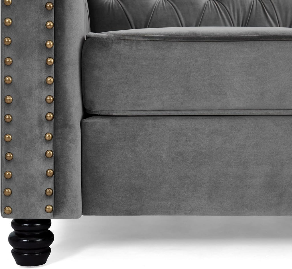 Home Detail Chesterfield Sofa Velvet Upholstered Couch in 2 Seater or 3 Seater Fabric Sofa in Grey, Blue, Black, Green, Gold (3 Seater, Grey)