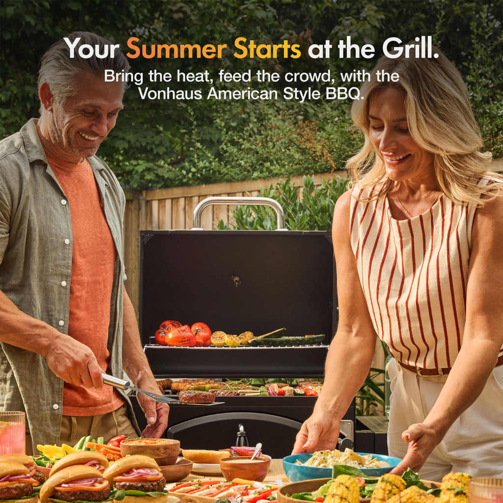 XL Charcoal BBQ Grill & Smoker with Cast Iron Grates, Side Shelves & Warming Rack