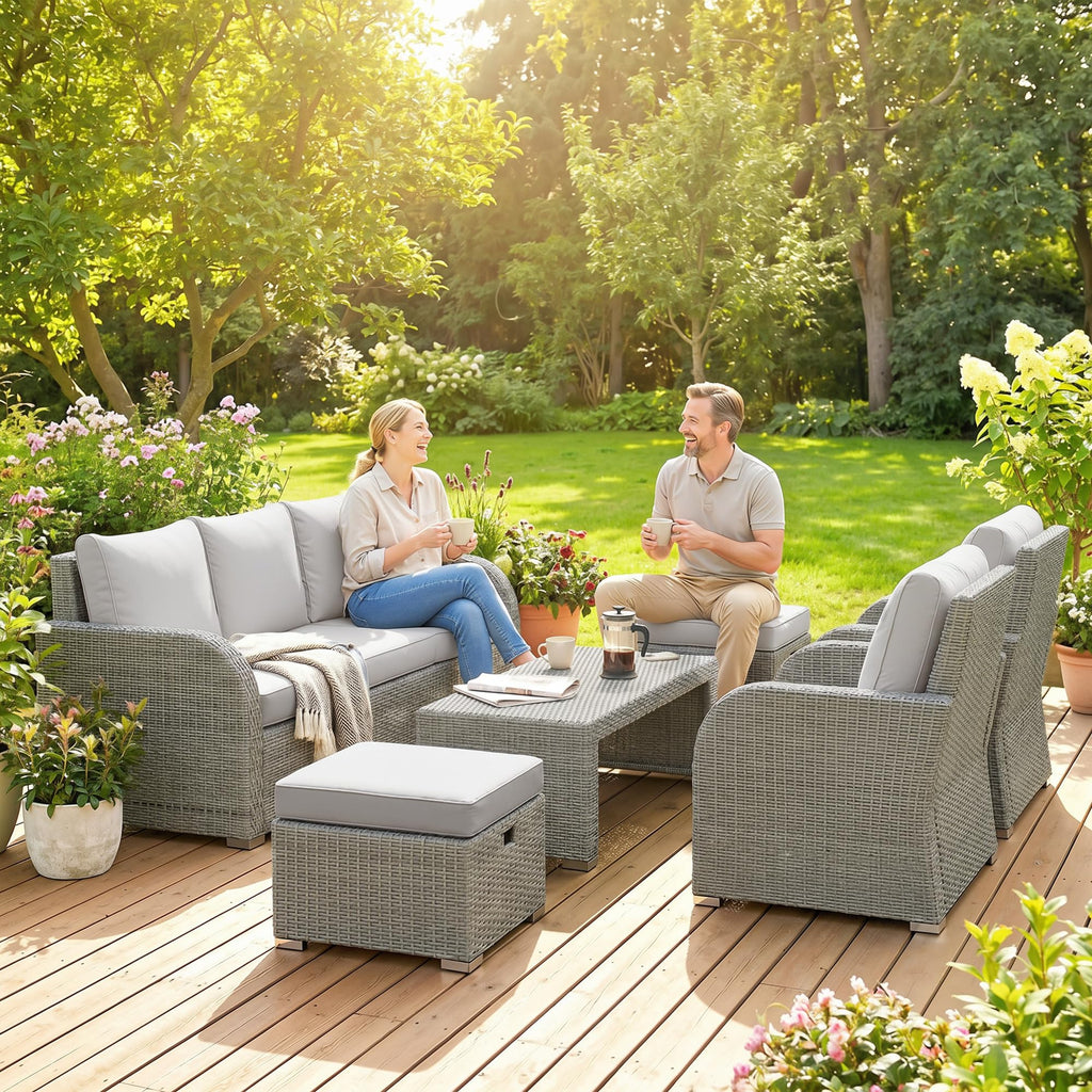 7 Seater Rattan Garden Furniture Set with Reclining Chairs, Footstools & Coffee Table