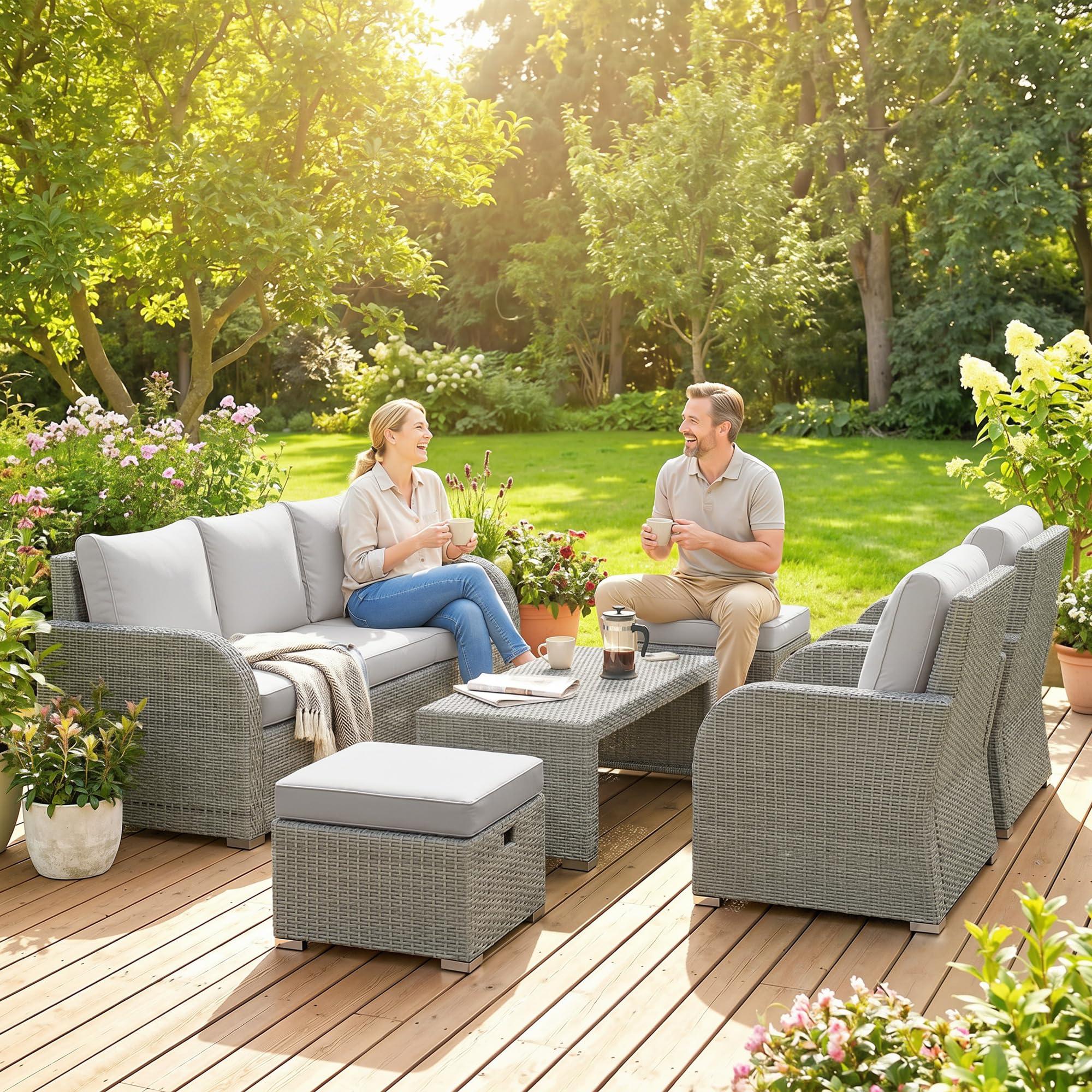 7 Seater Rattan Garden Furniture Set with Reclining Chairs, Footstools & Coffee Table