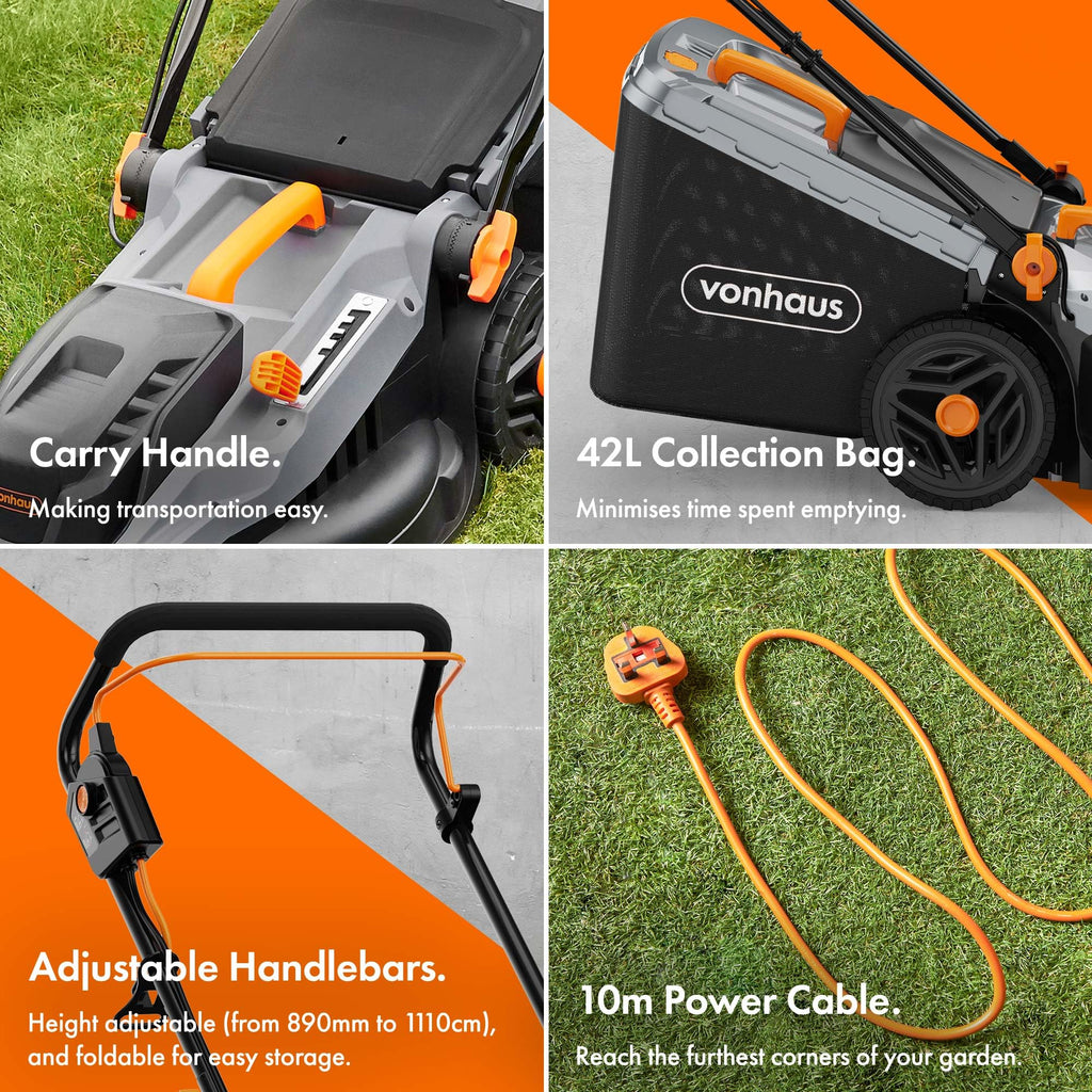 1600W Electric Lawn Mower with 42L Collection Bag & Adjustable Cutting Heights