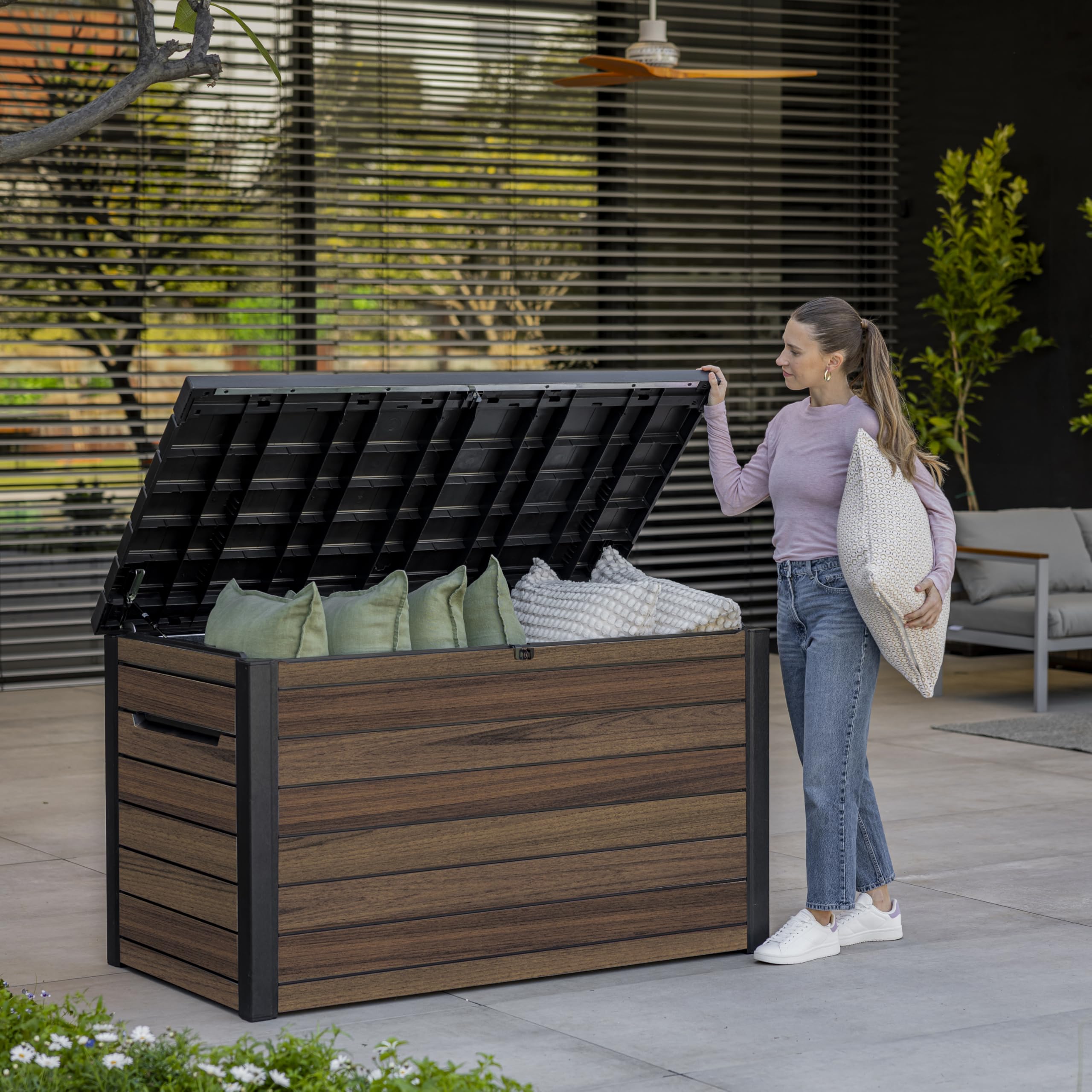 870L Large Outdoor Garden Storage Box with Lockable Lid & Extra Seating
