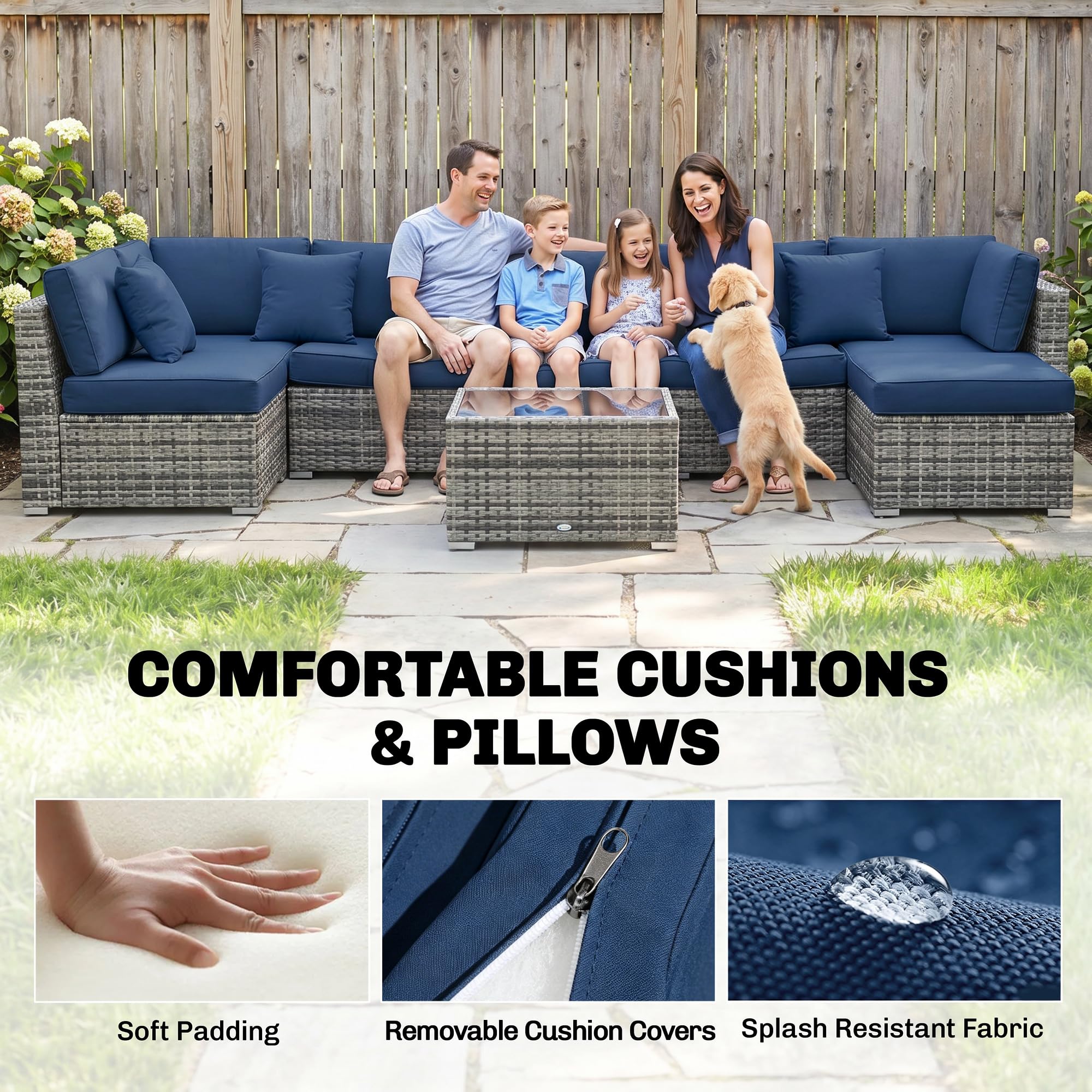 8 Piece Rattan Corner Sofa Set with Cushions & Glass Coffee Table