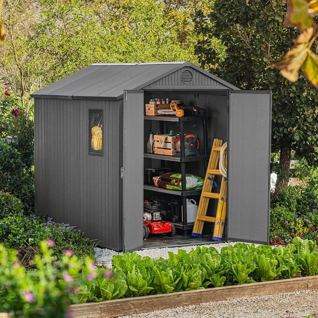 6x8ft Outdoor Garden Storage Shed with Double Doors, Window & Ventilation