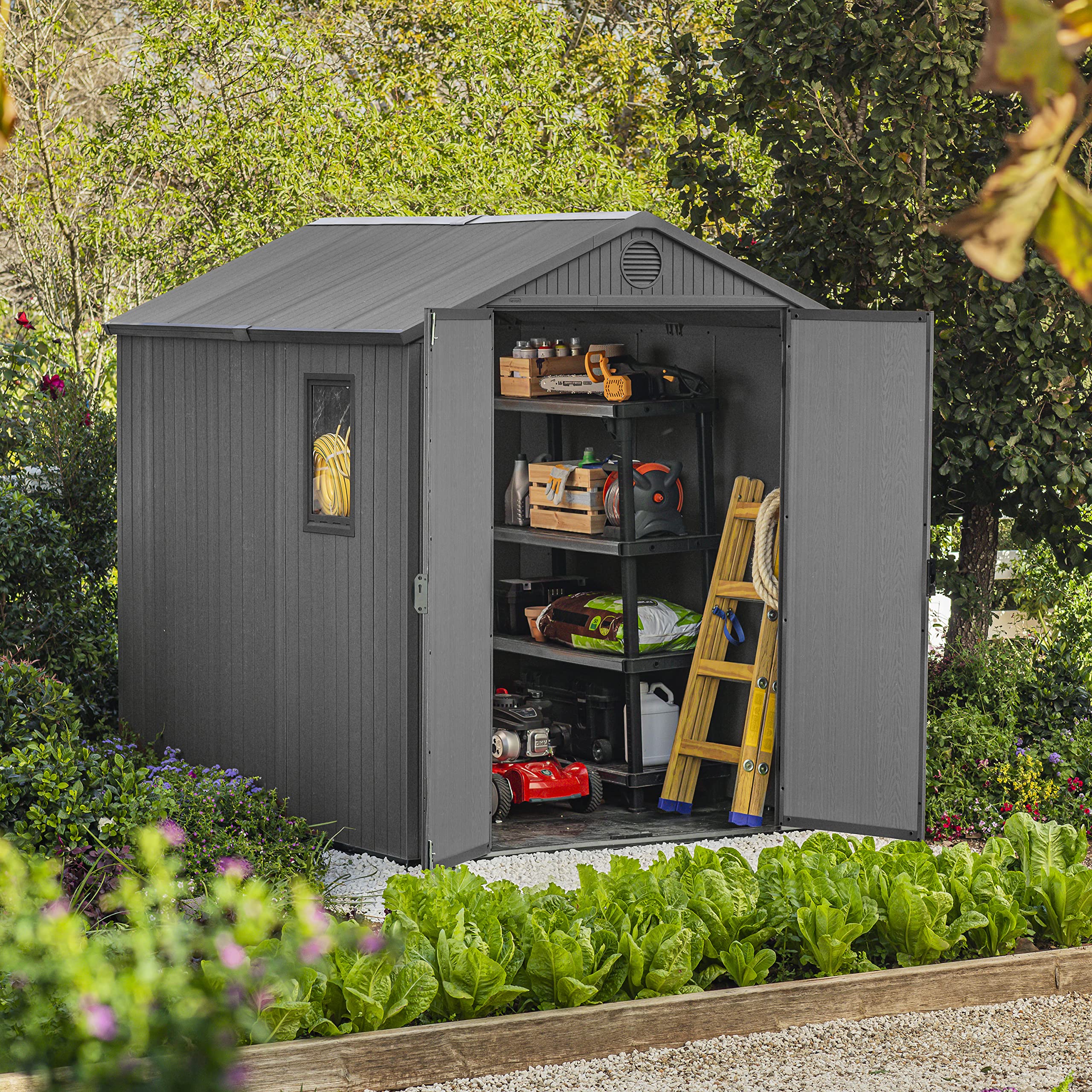 6x8ft Outdoor Garden Storage Shed with Double Doors, Window & Ventilation